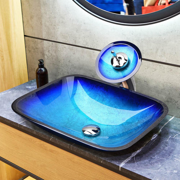 Blue Vessel Sink with Waterfall Faucet Set
